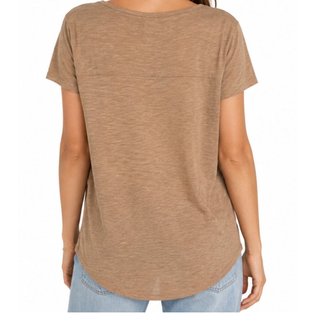 POL Slub Knit Tee Taupe Rayon Scoop Neck Raw Hem Pocket Top M Boho Loungewear - Picture 2 of 9